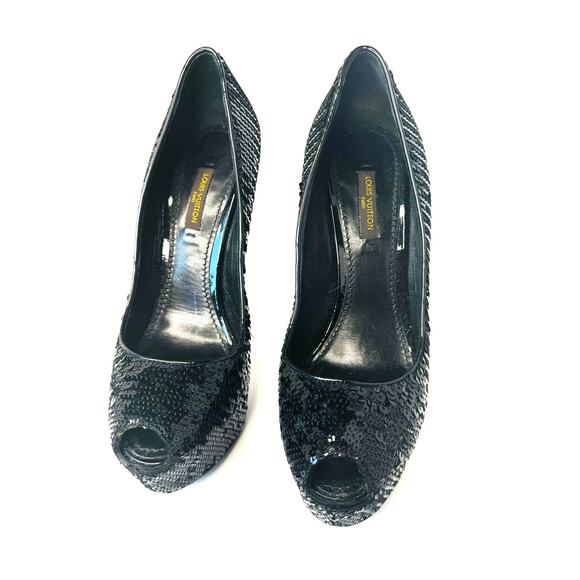 Louis Vuitton Black leather Sequin Peep Toe Platform Pumps Heels Size 35.5 - Picture 7 of 13